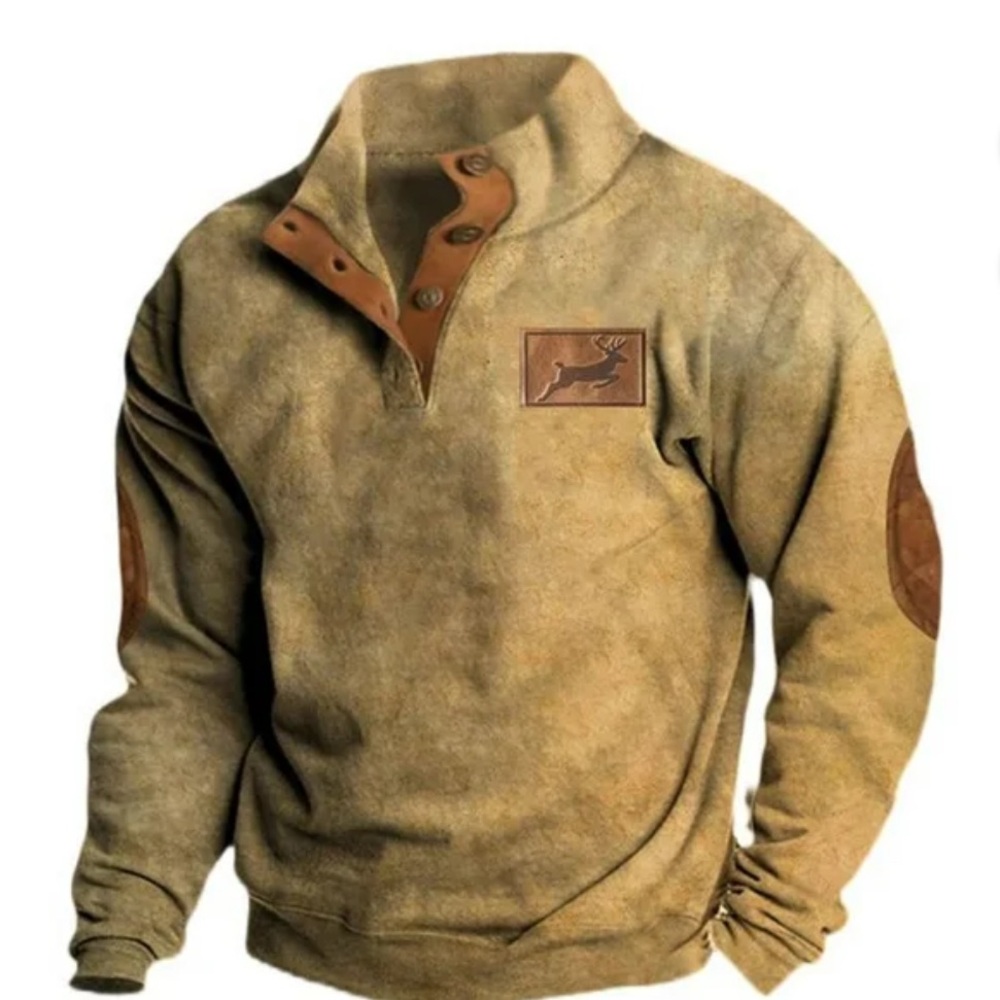 Beige Quarter Snap Fleece Pullover with Deer Logo – Size Large